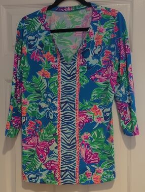 Lilly Pulitzer Blue Tropical Print Top with Pink & Green Accents